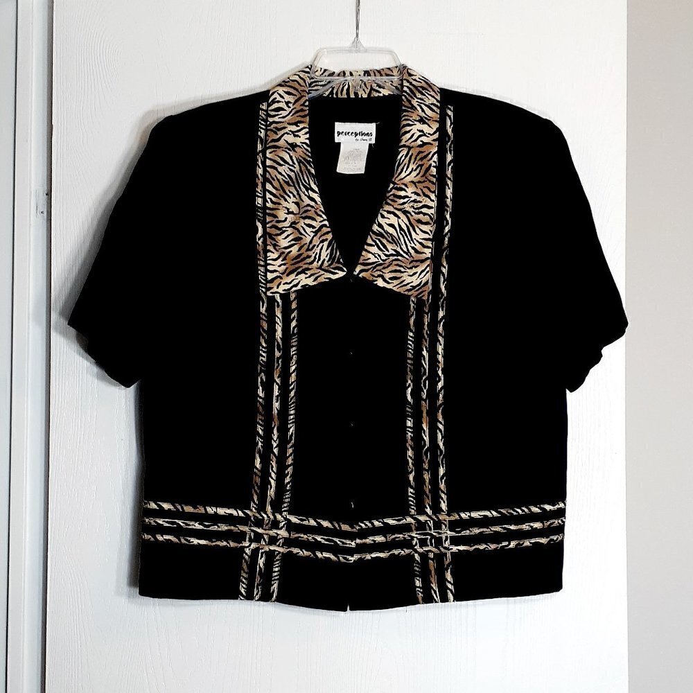 Perceptions by IRENE B Short Sleeve Button Blouse; Black/Animal Print; S…